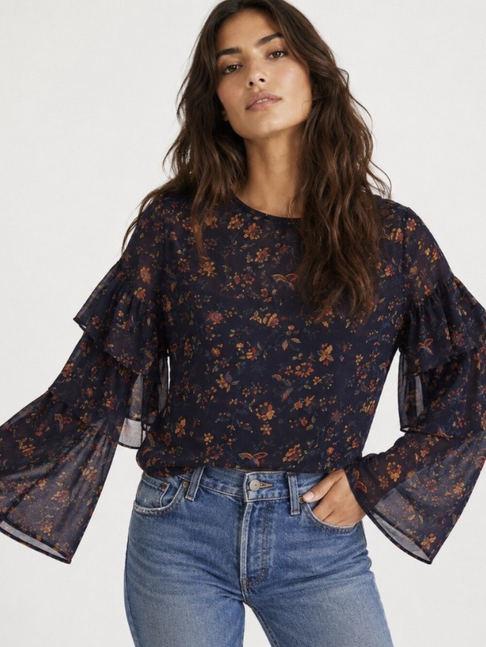 Madewell Ruffle Sleeve Blouse Navy Blue Climbing Vine Floral Peasant Womens Sz M